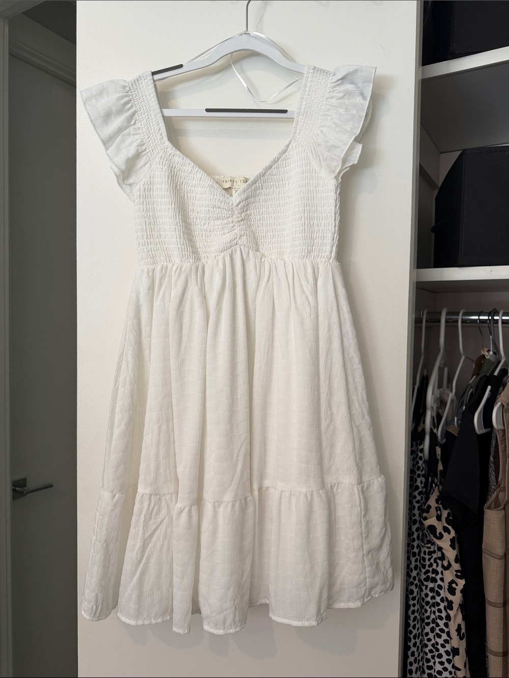 Women's White Smocked Flutter-Sleeve Casual Dress